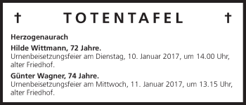 Anzeige von Totentafel vom 06.01.2017 von MGO