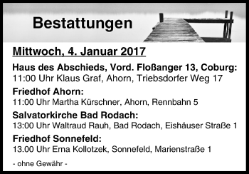 Anzeige von Bestattungen vom 04.01.2017 von MGO
