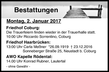 Anzeige von Bestattungen vom 02.01.2017 von MGO