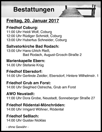 Anzeige von Bestattungen vom 20.01.2017 von MGO
