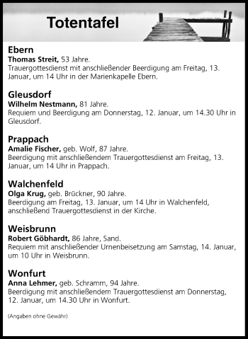 Anzeige von Totentafel vom 12.01.2017 von MGO