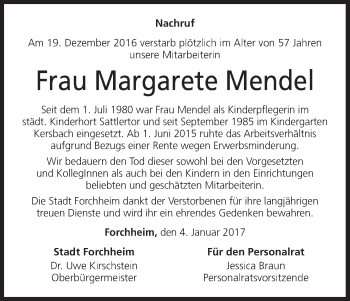 Anzeige von Margarete Mendel von MGO