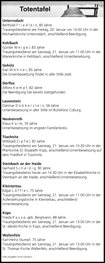 Anzeige von Totentafel vom 20.01.2017 von MGO