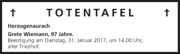 Anzeige von Totentafel vom 27.01.2017 von MGO