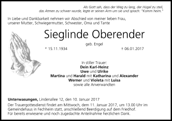 Anzeige von Sieglinde Oberender von MGO