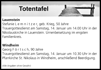 Anzeige von Totentafel vom 13.01.2017 von MGO