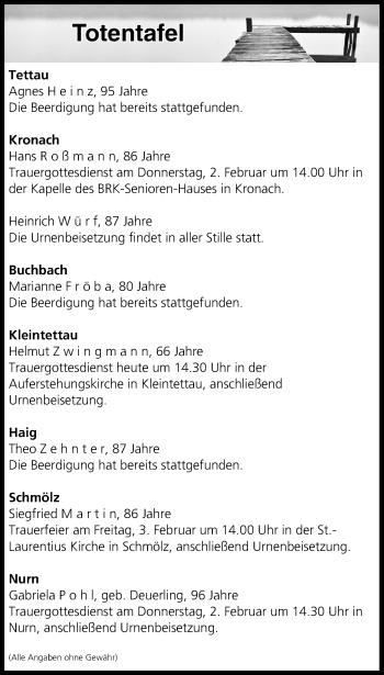 Anzeige von Totentafel vom 31.01.2017 von MGO