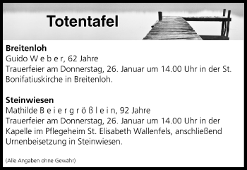 Anzeige von Totentafel vom 25.01.2017 von MGO