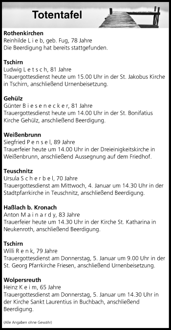 Anzeige von Totentafel vom 03.01.2017 von MGO