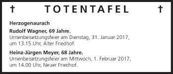 Anzeige von Totentafel vom 28.01.2017 von MGO