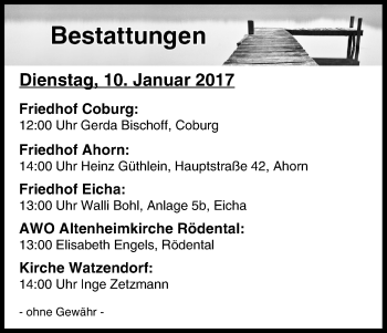 Anzeige von Bestattungen vom 10.01.2017 von MGO