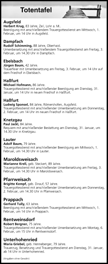 Anzeige von Totentafel vom 31.01.2017 von MGO