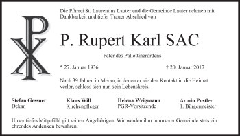 Anzeige von P. Rupert Karl von MGO