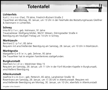 Anzeige von Totentafel vom 27.01.2017 von MGO