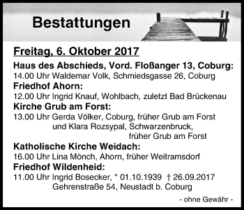 Anzeige von Bestattungen vom 06.10.2017 von MGO