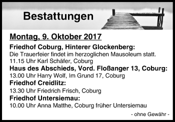 Anzeige von Bestattungen vom 09.10.2017 von MGO