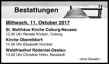 Anzeige von Bestattungen vom 11.10.2017 von MGO