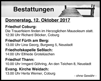 Anzeige von Bestattungen vom 12.10.2017 von MGO