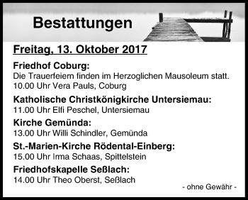 Anzeige von Bestattungen vom 13.10.2017 von MGO