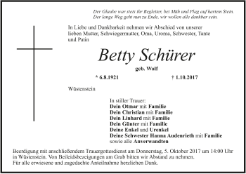 Anzeige von Betty Schürer von MGO