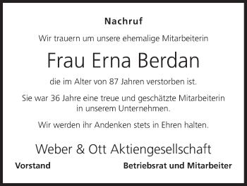 Anzeige von Erna Berdan von MGO