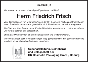 Anzeige von Friedrich Frisch von MGO