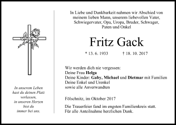Anzeige von Fritz Gack von MGO