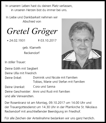 Anzeige von Gretel Gröger von MGO