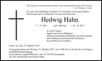Anzeige von Hedwig Hahn von MGO