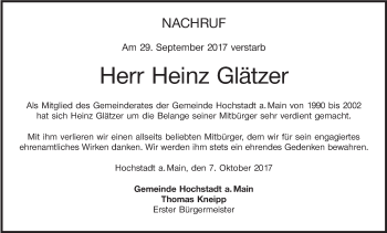 Anzeige von Heinz Glätzer von MGO