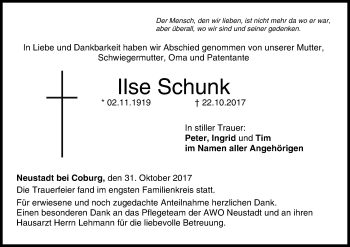 Anzeige von Ilse Schunk von MGO