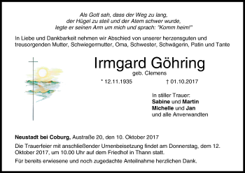 Anzeige von Irmgard Göhring von MGO
