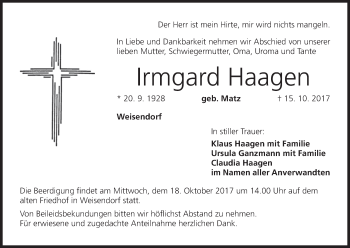 Anzeige von Irmgard Haagen von MGO