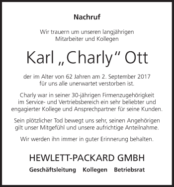 Anzeige von Karl Charly Ott von MGO
