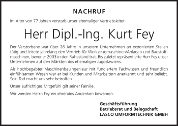 Anzeige von Kurt Fey von MGO