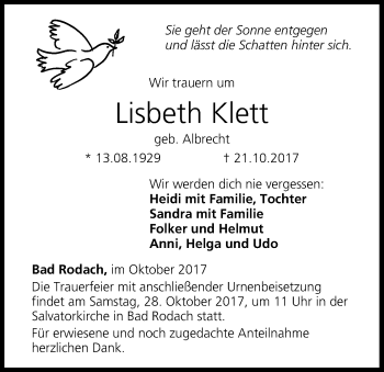Anzeige von Lisbeth Klett von MGO