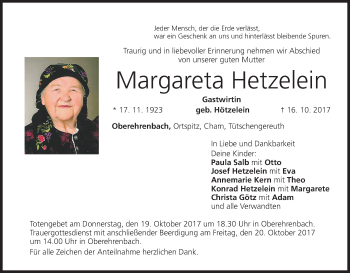 Anzeige von Margareta Hetzelein von MGO