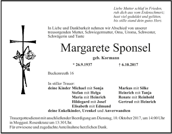 Anzeige von Margarete Sponsel von MGO