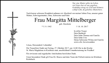 Anzeige von Margitta Mittelberger von MGO