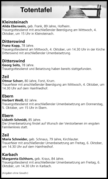 Anzeige von Totentafel vom 03.10.2017 von MGO