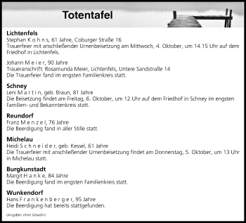 Anzeige von Totentafel vom 03.10.2017 von MGO