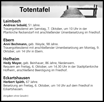 Anzeige von Totentafel vom 06.10.2017 von MGO