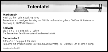 Anzeige von Totentafel vom 07.10.2017 von MGO