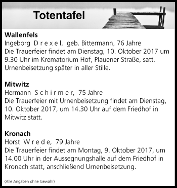 Anzeige von Totentafel vom 07.10.2017 von MGO