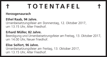Anzeige von Totentafel vom 10.10.2017 von MGO