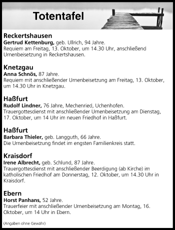 Anzeige von Totentafel vom 12.10.2017 von MGO