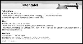 Anzeige von Totentafel vom 12.10.2017 von MGO