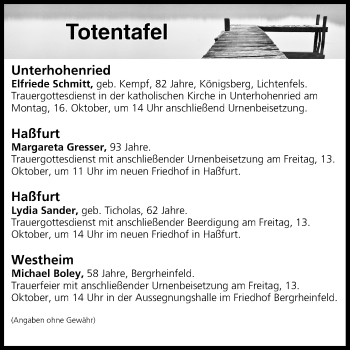Anzeige von Totentafel vom 13.10.2017 von MGO