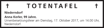 Anzeige von Totentafel vom 13.10.2017 von MGO