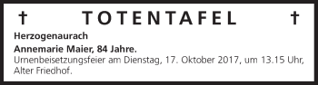Anzeige von Totentafel vom 14.10.2017 von MGO
